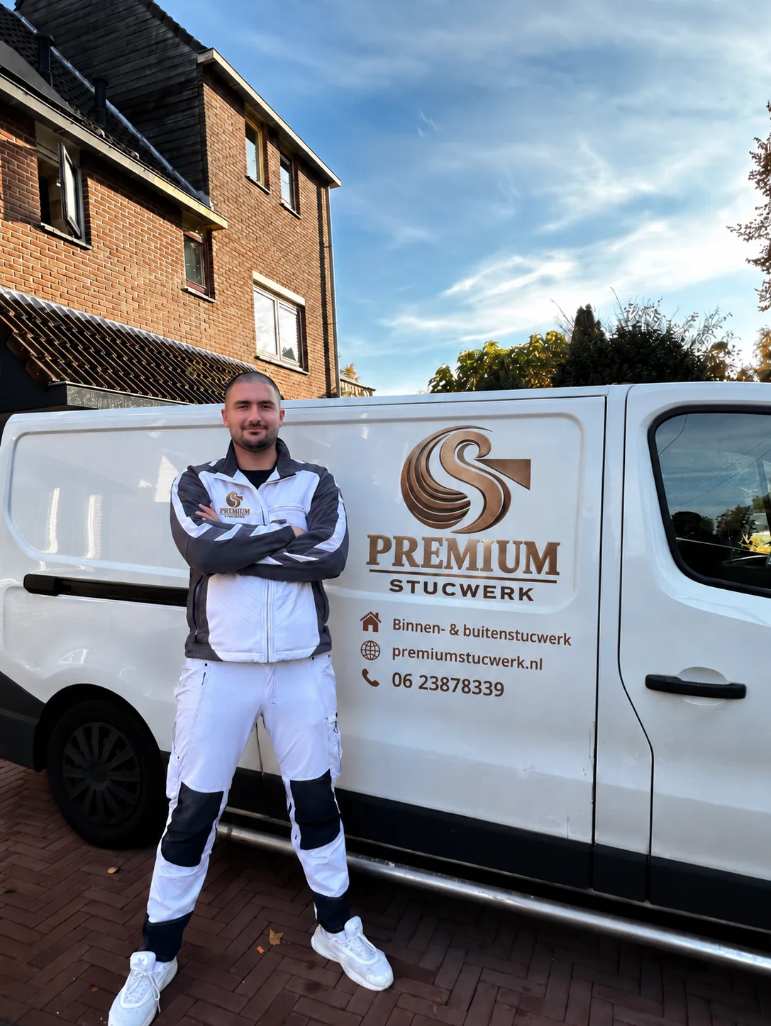 Furkan van Premium Stucwerk met de armen over elkaar voor de witte bedrijfsbus met het Premium Stucwerk-logo