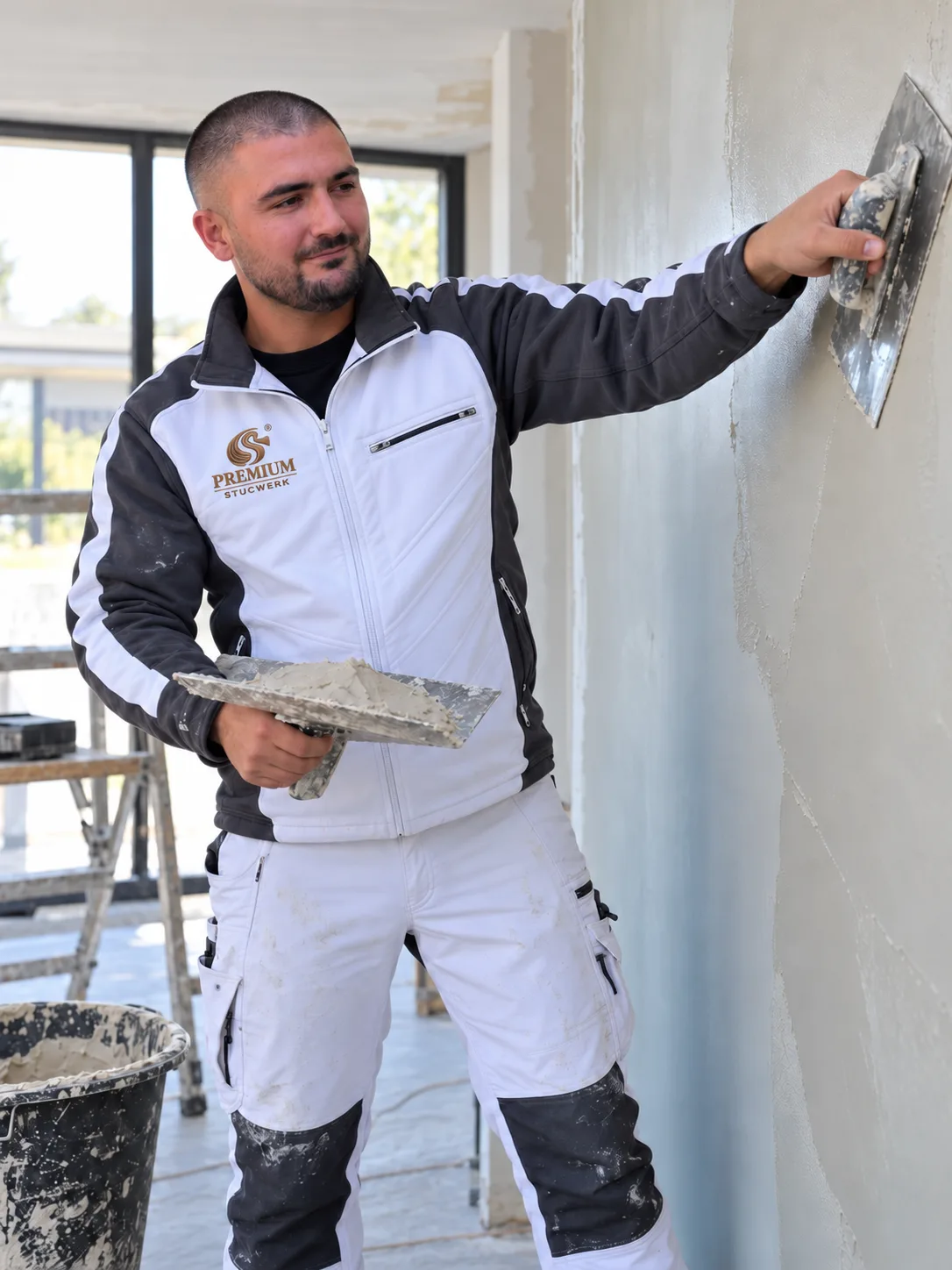 Furkan van Premium Stucwerk zet met de spaan een wand strak, het spaarbord met stucmortel in zijn andere hand