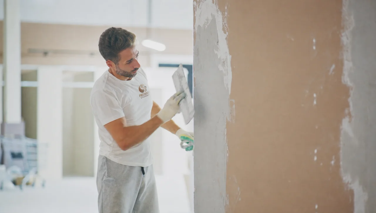 Stucadoor van Premium Stucwerk brengt sierpleister aan op een muur