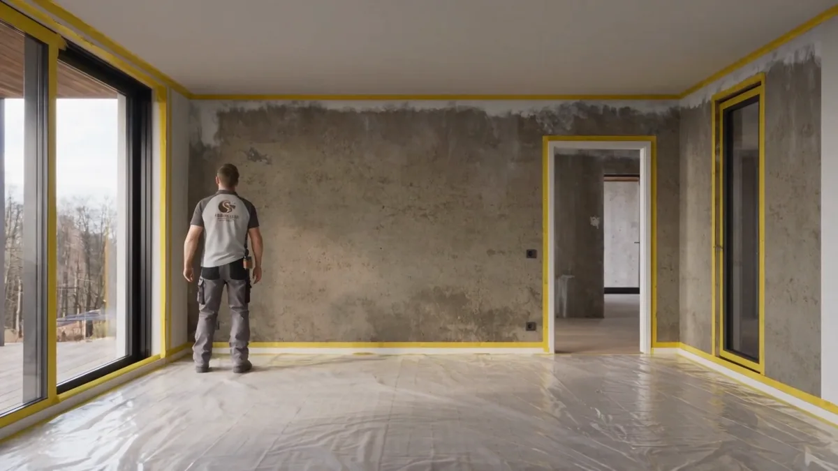 Kamer volledig afgeplakt en afgedekt ter voorbereiding op schilderwerk